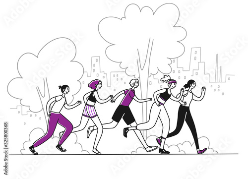 Athletes running marathon. Group of active people jogging in park flat vector illustration. Activity, healthy lifestyle, morning exercise concept for banner, website design or landing web page