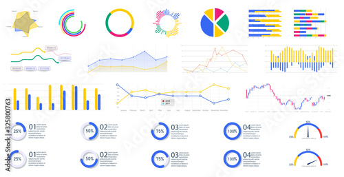 Modern infographic  template with stock diagrams and statistics bars, line graphs and charts for finance report. Diagram template and chart graph, graphic information visualization vector illustration