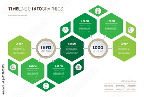 Horizontal Timeline or infographics with seven parts. Development and growth of the eco business. Time line or Business presentation concept with 7 options and icons.
