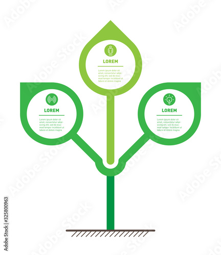 Infographics or timeline with 3 options. Vector Stylized tree with leafs. Development of the eco business or green technology. The modular system allows you to make any number of levels in height.