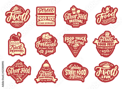 Set of Street food stickers, patches. Red badges, emblems, stamps for club on white background.