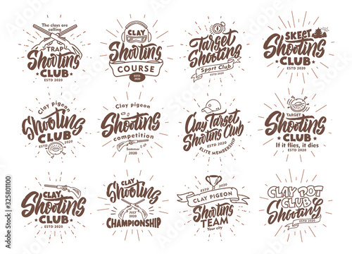 Set of vintage Clay Shooting emblems and stamps. Sports badges, templates and stickers for club with rays elements