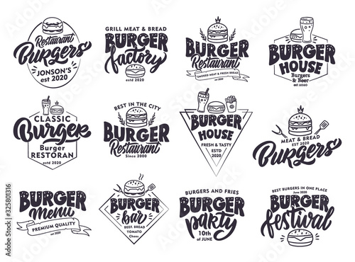 Set of vintage Burger emblems and stamps. Fast food badges  stickers on white background isolated