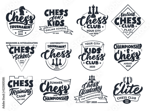 Set of vintage Chess emblems and stamps. Chess club badges, stickers on white background isolated.