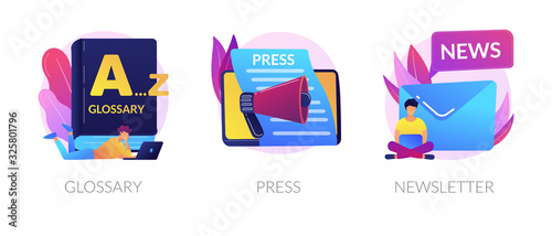 Internet chatting and emails sharing web banners set. Mass media, online daily news magazine subscription. Glossary, press, newsletter metaphors. Vector isolated concept metaphor illustrations