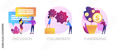 Teamwork and coworking web banners set. Online business conference, money investment. Discussion, collaboration, fundraising metaphors. Vector isolated concept metaphor illustrations