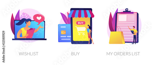 Internet store website interface. Purchases ordering, online payment. E-commerce cliparts set. Wishlist, buy, my orders list metaphors. Vector isolated concept metaphor illustrations