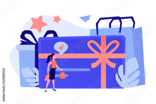 Gift card with bow and ribbon, gift box and woman loving shopping. Shopping certificate and gift voucher, prepaid cash card and bonus, sale concept. Vector isolated illustration.