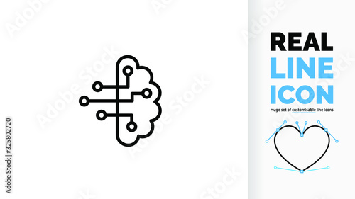 Vector editable and customisable real line icon or symbol of ai or artificial intelligence in the form of a brain with chip computer