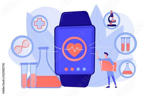 Doctor and smartwatch with heart and medical icons. Smartwatch health tracker and health monitor, activity tracking concept on white background. Pinkish coral bluevector isolated illustration