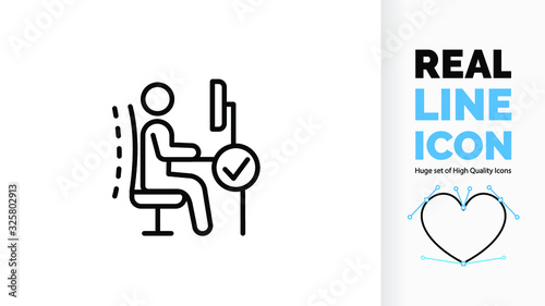 Vector editable and customisable real line icon or symbol of  ergonomics office chair for good posture in the workplace to prevent back, spine and neck pain with a check vink icon sign