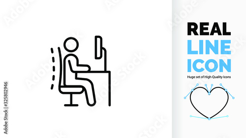 editable real line icon or symbol of a stick figure person sitting in a ergonomics office chair at his desk with a screen for good posture in the workplace to prevent back, spine and neck pain photo