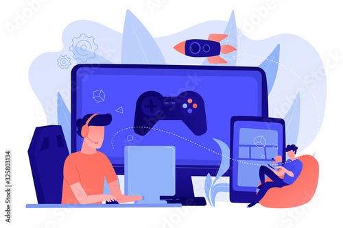 Gamers play video game on different hardware platforms. Cross-platform play, cross-play and cross-platform gaming concept on white background. Pinkish coral bluevector isolated illustration