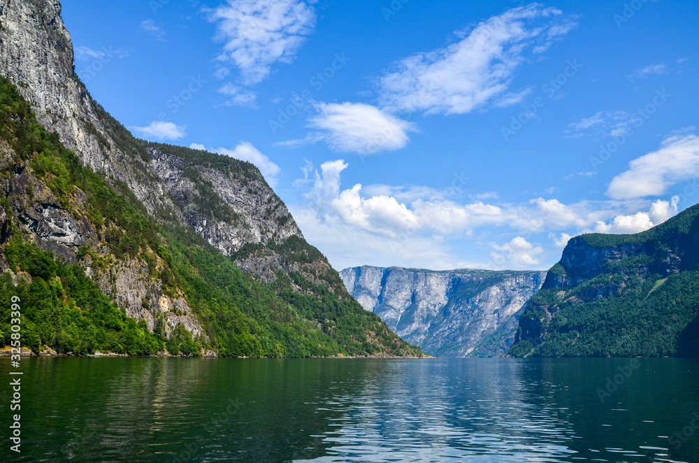 Rocks of the Sognefjord, the third longest fjord in the world and largest in Norway. Nature and travel background