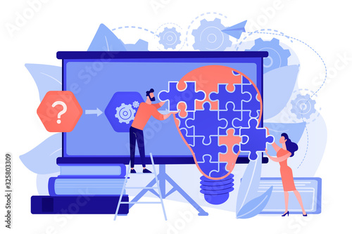 Team working on analyzing the factors or causes contributing to the unwanted situation. Problem solving, find solutions, problem-solving techniques. Pinkish coral bluevector isolated illustration
