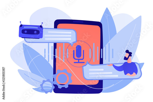 Businessman communicates with chatbot with voice commands. Voice controlled chatbot, talking virtual assistant, smartphone voice application concept. Pinkish coral bluevector isolated illustration