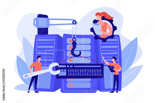 Engineers consolidating and structuring data in the center. Big data engineering, massive data operation, big data architecture concept. Pinkish coral bluevector isolated illustration