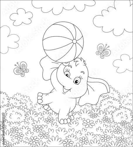 Little elephant playing with a big striped ball on grass among flowers and flittering butterflies on a summer field on a sunny warm day, black and white vector cartoon illustration for a coloring book