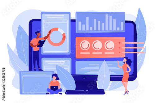 Business analysts performing idea management on computer screen. Innovation management software, brainstorming tools, inovation IT control concept. Pinkish coral bluevector isolated illustration