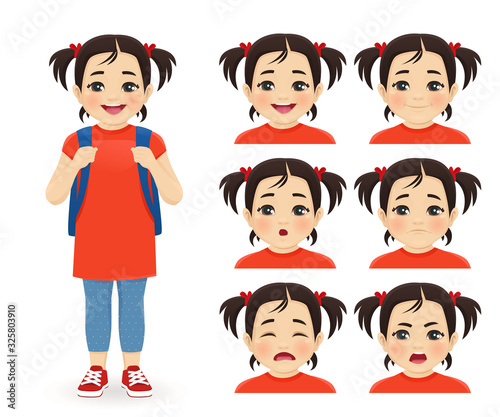 School asian girl with backpack emotions set isolated vector illustration