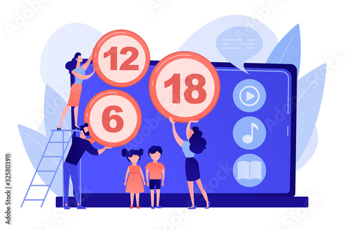 Adults rating content for children with age restriction signs. Content rating system, age limitation content, censorship classification concept. Pinkish coral bluevector isolated illustration