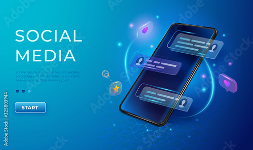 Chatting and communication concept 3d. Phone with likes and message icons. Smartphone application social media illustration