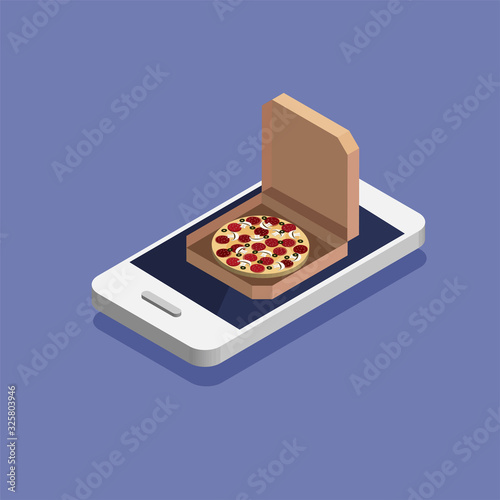 Online pizza order and delivery concept. Order fast food online. Giant isometric smartphone with pizza in a box. 