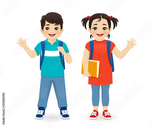 Smiling school asian boy and girl with backpack waving hand isolated vector illustration