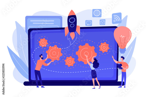Startup team receive mentoring and training to accelerate growth and laptop. Startup accelerator, seed accelerator, startup mentoring concept. Pinkish coral bluevector isolated illustration