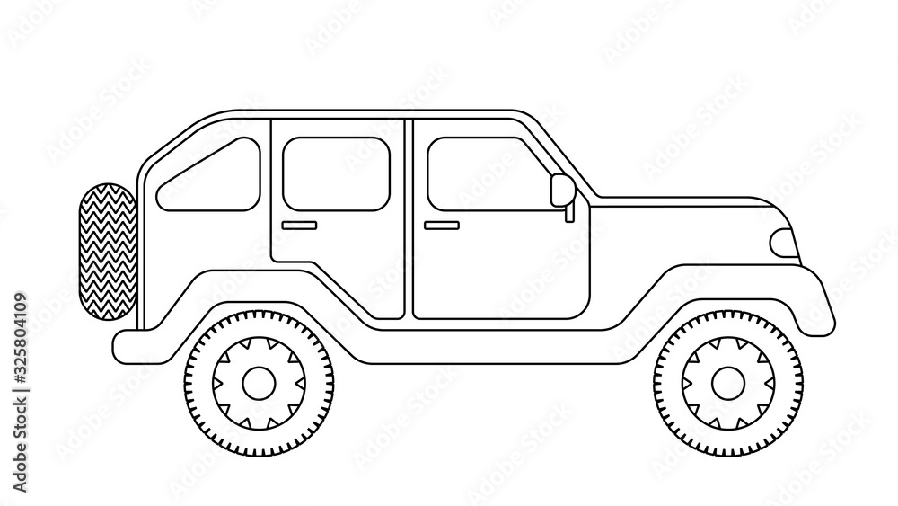Black and white outline drawing off-road vehicle in profile