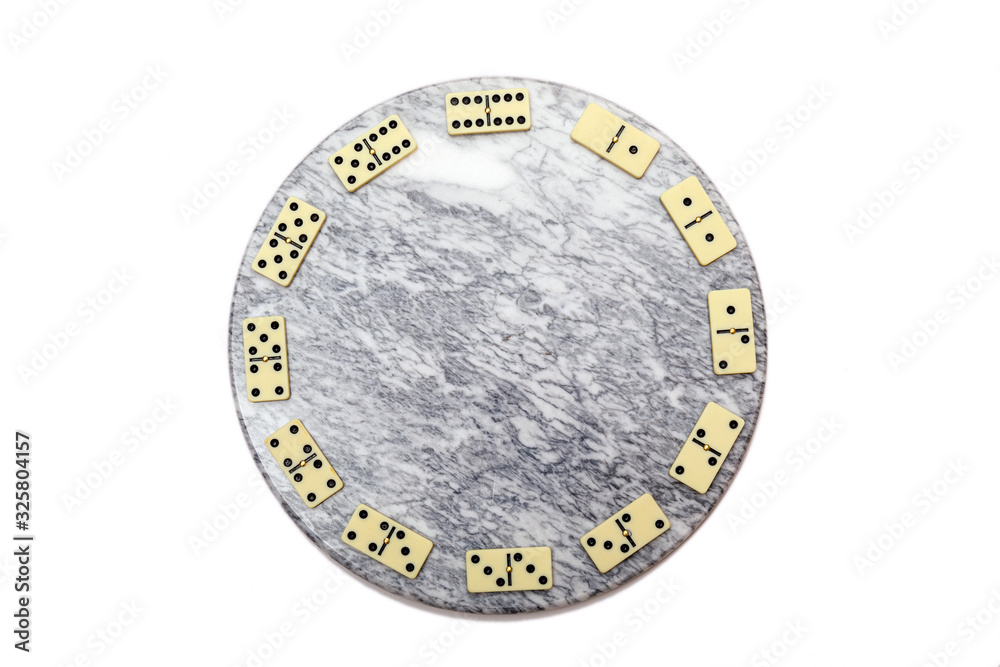 Dominoes clock on marble circle isolated on white background. Ready to print, clock background.