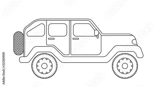 Black and white outline drawing off-road vehicle in profile