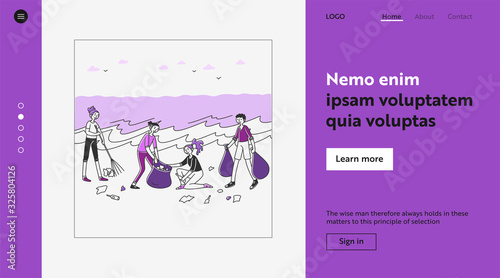 Young volunteers sorting litter on beach. People with rakes and plastic bags collecting trash at sea or ocean. Vector illustration for voluntary, environment, pollution