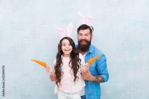 Wall Mural small kid girl and dad in rabbit costume
