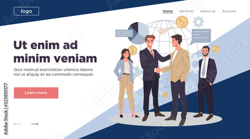 Global business partnership flat vector illustration. International teamwork, negotiation and success concept. Two partners shaking hands and making agreement.