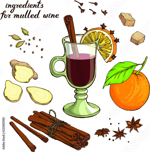 Vector set : mulled wine and ingredients for it. Glass of red wine, orange , ginger , cinnamon , brown sugar,  cardamom , clove . Hand drawn lettering . Isolated on white elements for food design.