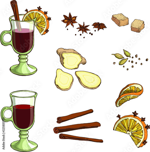 Vector set : ingredients for mulled wine . Glass of red wine, sliced fresh ginger, sticks and stars of cinnamon, brown sugar, cardamom, clove, slices of orange. Elements for food design with alcohol