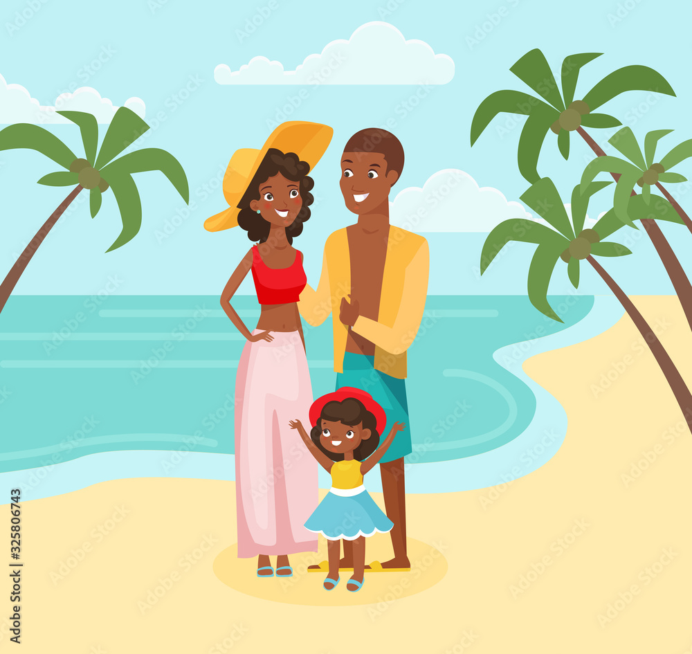 Family vacation flat vector illustration. Summertime, recreation, tropical country visiting. Parents and daughter on exotic beach, smiling people, family resting together cartoon characters. Family vacation flat vector illustration. Summertime, recreation, tropical country visiting. Parents and daughter on exotic beach, smiling people, family resting together cartoon characters.