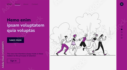 Athletes running marathon. Group of active people jogging in park flat vector illustration. Activity, healthy lifestyle, morning exercise concept for banner, website design or landing web page