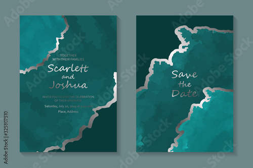 Set of modern luxury wedding invitation design or card templates for business or presentation or greeting with silver streaks on a turquoise green watercolor background.