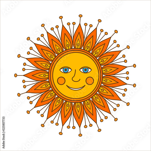 Sun, ornamental doodle vector illustration isolated on white backgrounds. Russian symbol holiday spring Shrovetide. National holiday.