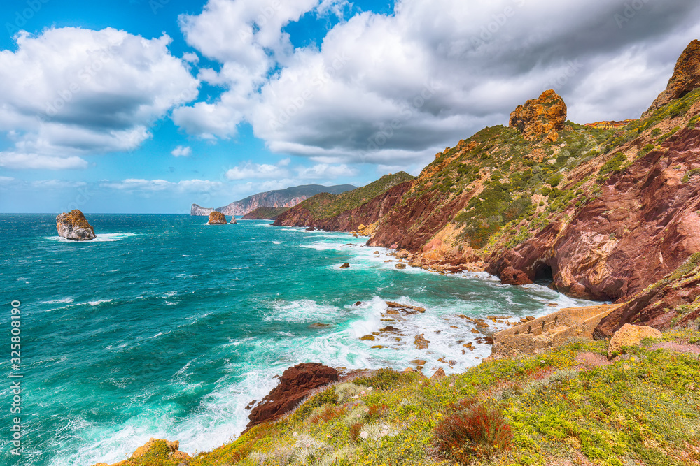 Fantastic spring view of ancient ruins of Laveria Lamarmora (Miniera di Nebida) and Nebida coast. Fantastic spring view of ancient ruins of Laveria Lamarmora (Miniera di Nebida) and Nebida coast.