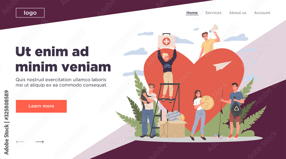 Obraz premium Volunteers vector illustration. Young people packing donation box with money, collecting garbage, taking care about animals near heart. Support community for social aid, charity, help concept