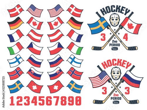 Hockey match score logo with national flag. World cup championship - retro scoreboard emblem. Vector illustration.
