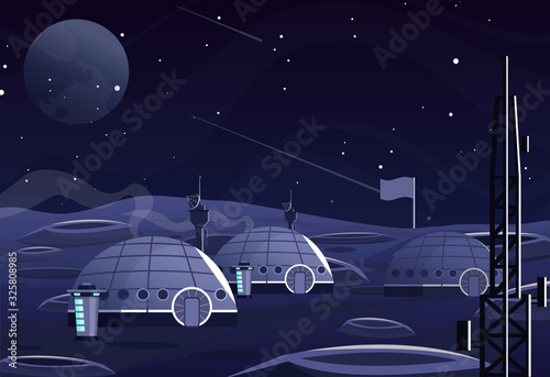 Moon surface flat vector illustration. Earth satellite exploration, planet research. Cosmos, universe, galaxy, starry night sky. Astronomical observatory base, laboratory signal equipment.
