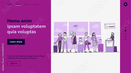 Line of tourists at airport check in counter. Queue of passengers waiting for registration to their flight. Vector illustration for tourism, trip, transportation concept
