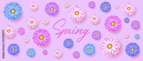 Spring background with realistic colorful flower. Vector illustration banner, poster, template, wallpaper, flyer, invitation card, brochure on isolated light purple background