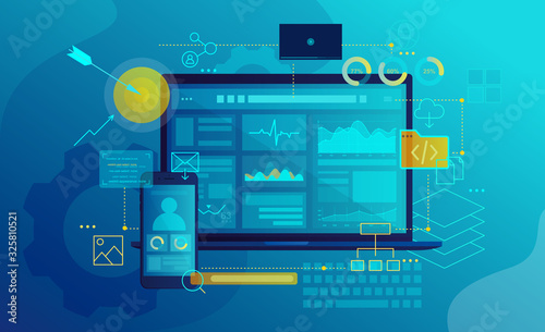 SEO software interface flat vector illustration. Search engine optimization program GUI design. Analytical charts and graphs on mobile phone and laptop screens. Data analysis application concept.