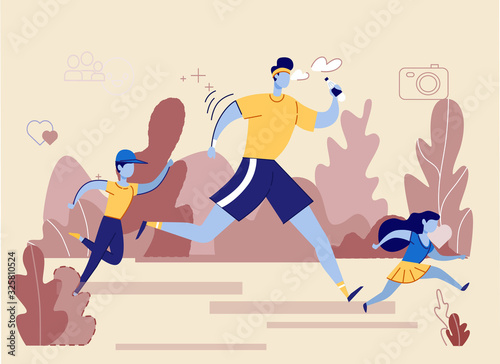 Father and Kids Running Training in City Park. Flat Man with Bottle Water Jogging with Son and Daughter on Nature. Vector Illustration Family Sport, Healthy Lifestyle, Happy Childhood