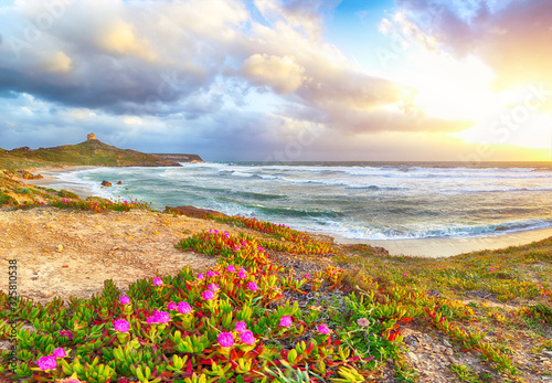 Stunning  view of  Capo San Marco Lighthouse on Del Sinis peninsula. photo